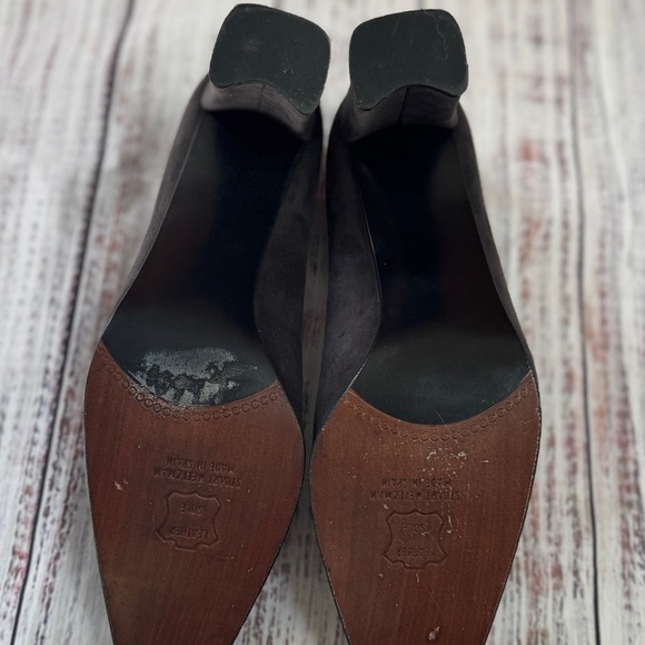 Stuart Weitzman Dark Grey Charcoal Suede Pumps Block Heel 8 Leather Square Toe - Picture 9 of 11